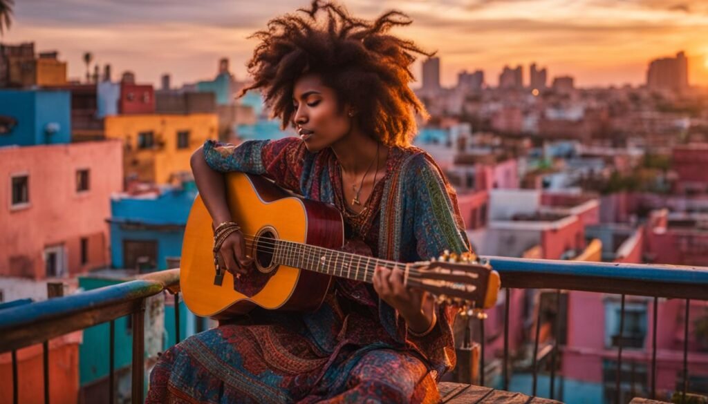 Bohemian lifestyle is also deeply connect to unique music, like guitar sounds, e.g.Bob Dylan