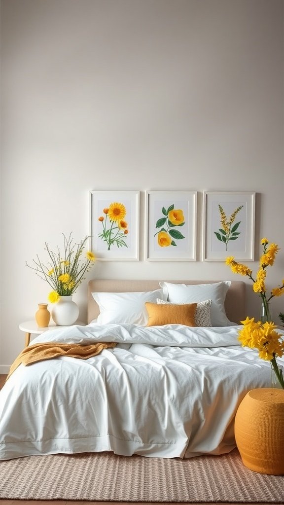 A yellow-themed bedroom featuring floral artwork, bright cushions, and natural elements.