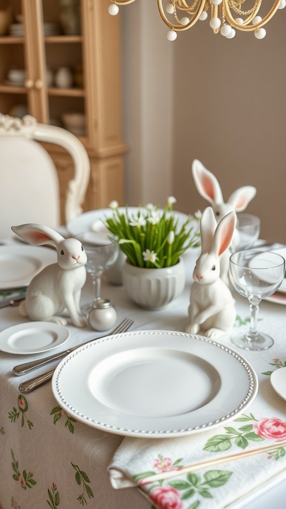 Bunny-themed table settings with rabbit figurines and floral decorations.