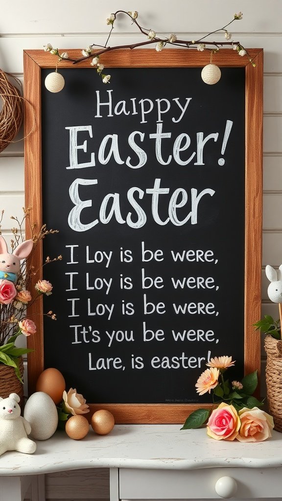 Chalkboard sign with Easter messages and decorations
