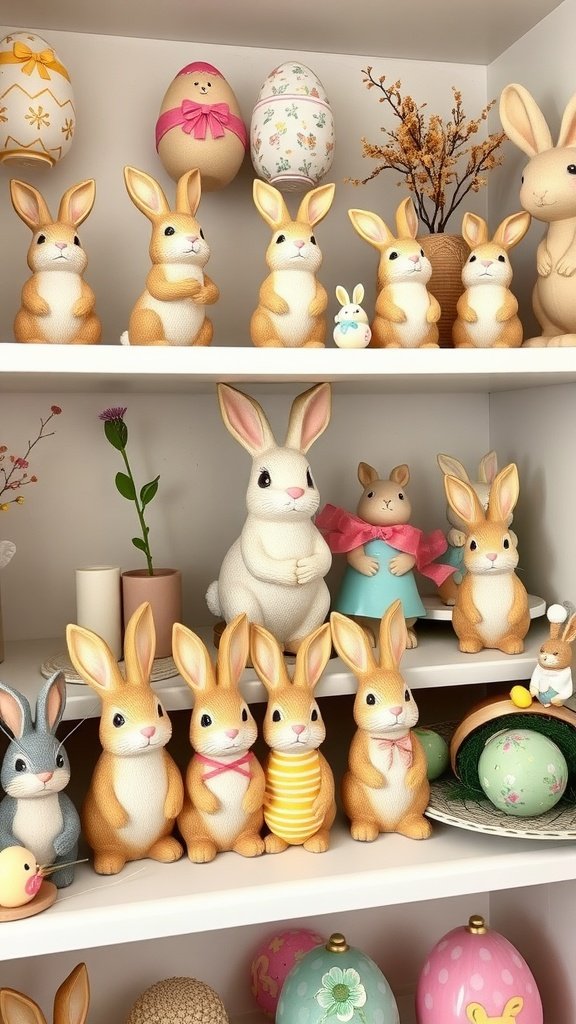 A collection of charming bunny figurines among Easter decorations and eggs.
