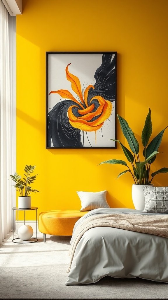 A cozy bedroom with a vibrant yellow accent wall, featuring a piece of abstract artwork and stylish furniture.