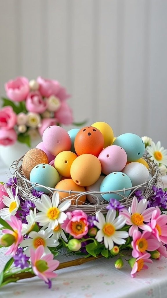 A decorative basket filled with colorful Easter eggs surrounded by flowers.
