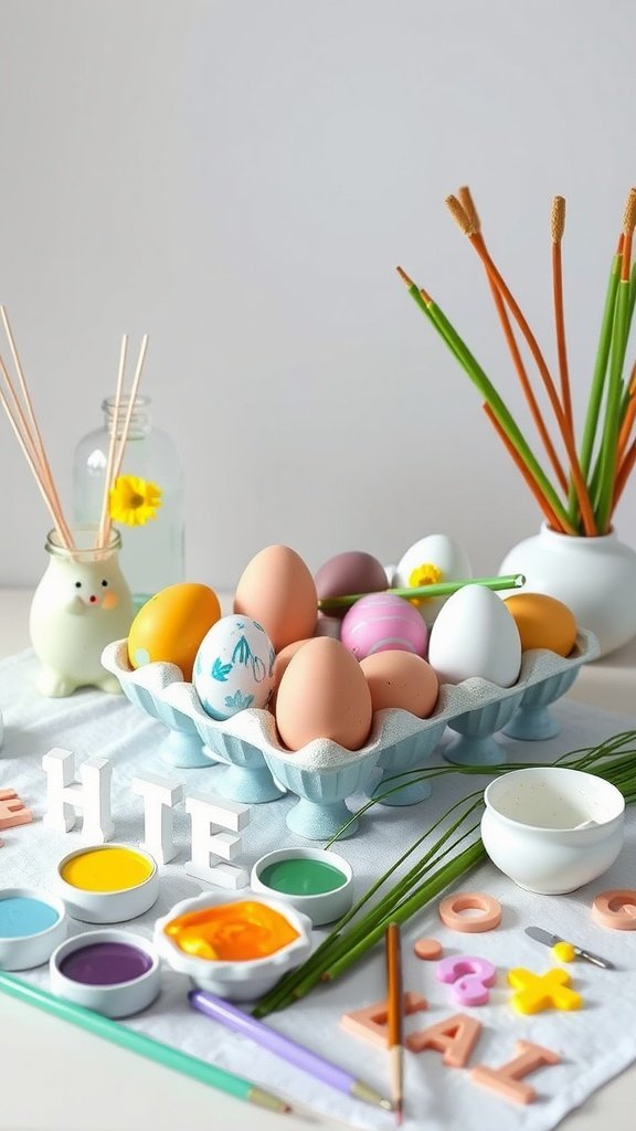 A colorful egg decorating station with paints, brushes, and decorated eggs.