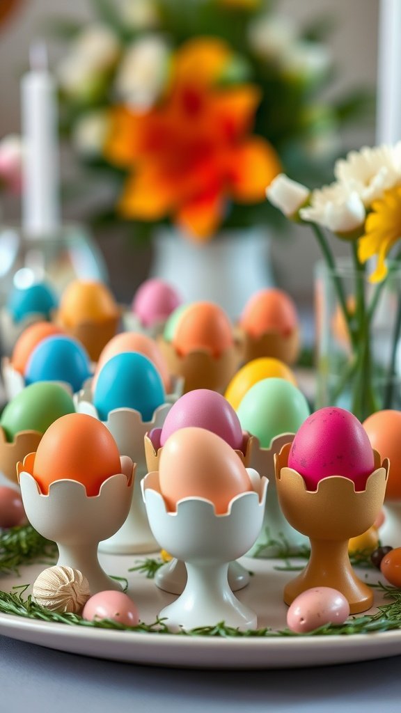 A colorful display of Easter eggs in creative egg holders on a table.