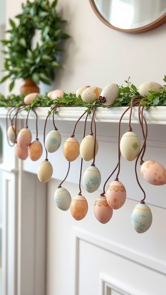 A colorful DIY painted egg garland hanging on a mantel with greenery and a mirror in the background.