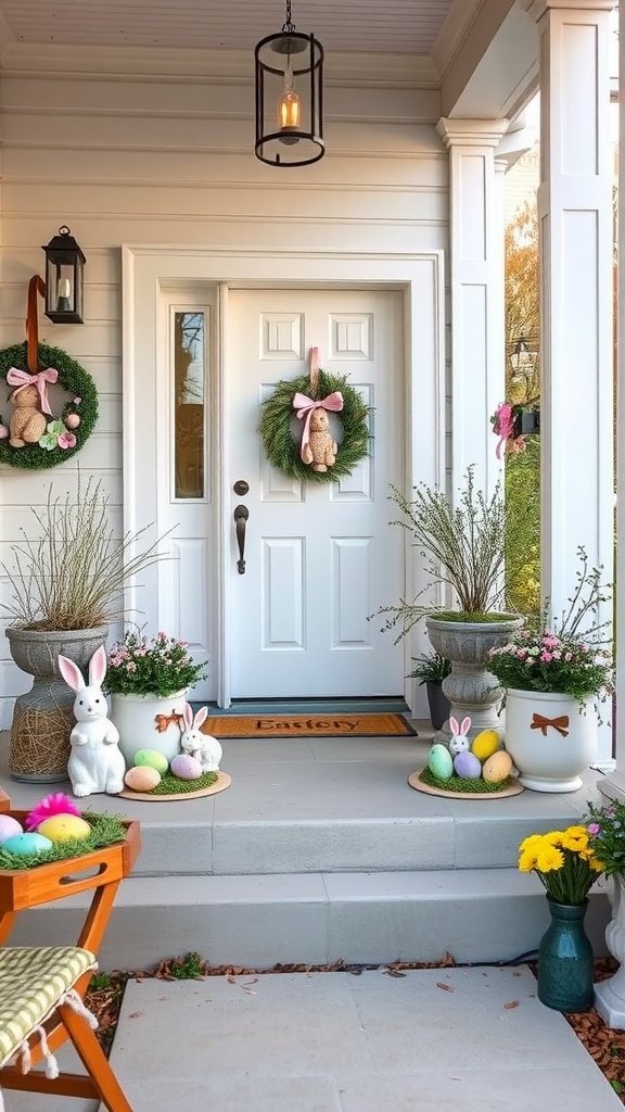 Easter-themed porch decor with wreaths, bunnies, and colorful eggs.
