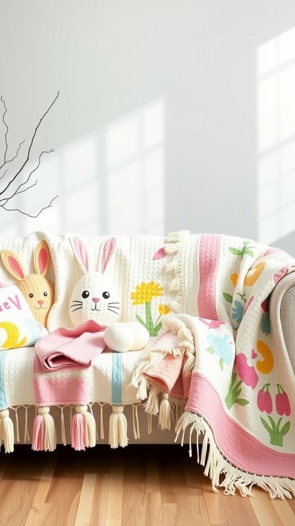 A cozy couch draped with colorful Easter-themed quilts and decorative pillows featuring bunny and flower designs.
