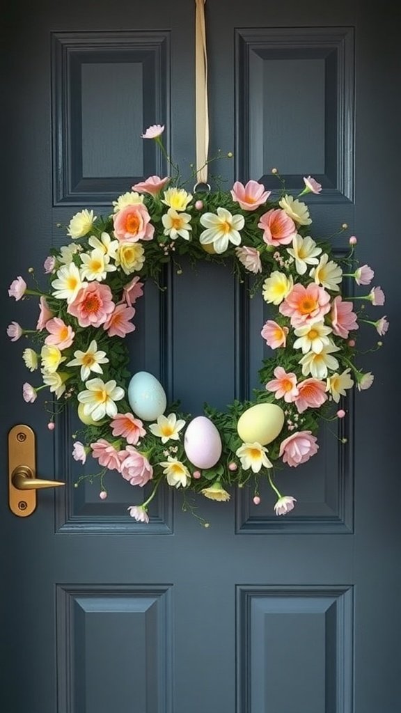 A floral wreath decorated with pastel flowers and Easter eggs, hanging on a blue door.