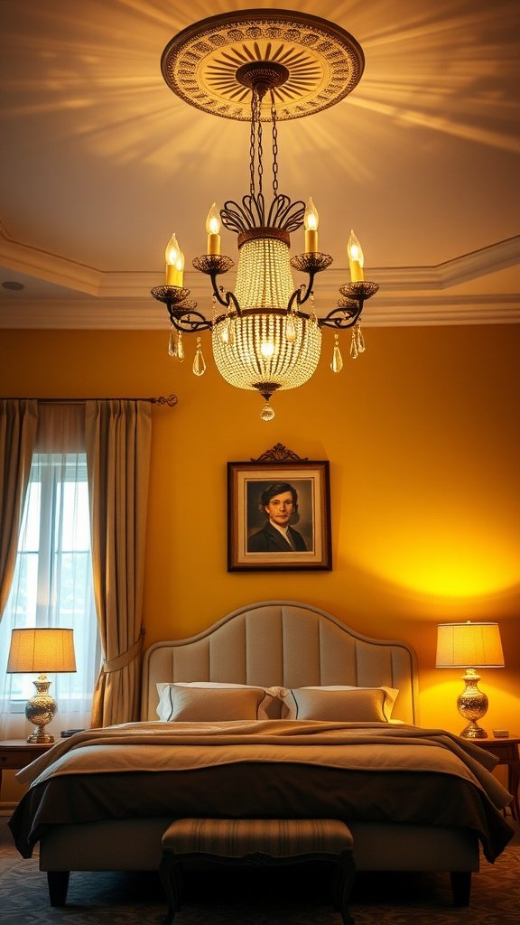 A cozy bedroom featuring golden yellow lighting fixtures, including a chandelier and bedside lamps, with a warm color palette.