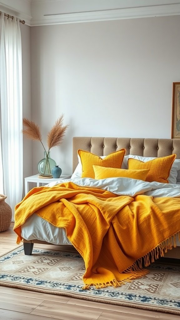A cozy bedroom featuring a yellow throw blanket and pillows on a bed with a neutral backdrop, complemented by decorative elements.
