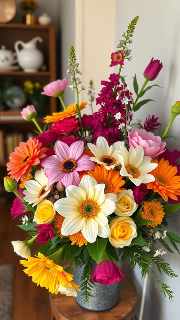 A colorful bouquet of flowers in a vase, featuring daisies, roses, and tulips.