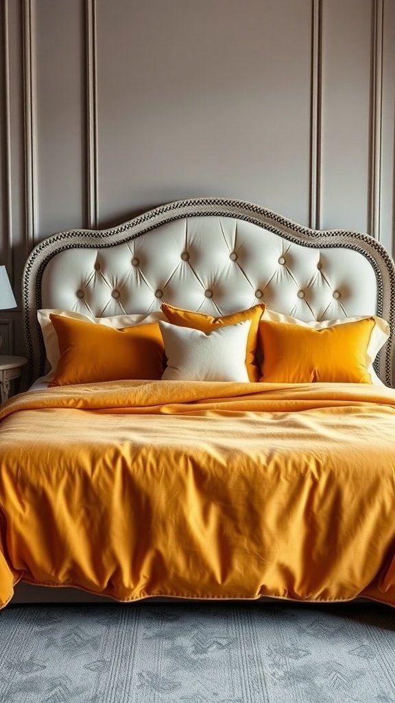 A cozy bedroom with luxurious yellow bed linens and a tufted headboard.