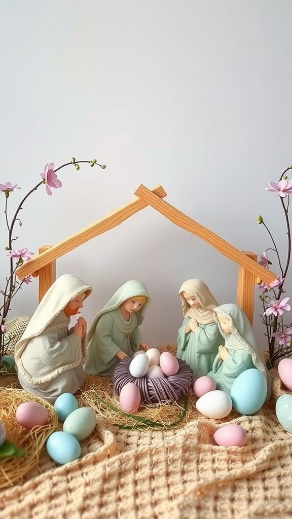 A nativity scene featuring figurines and pastel eggs, decorated with spring flowers.