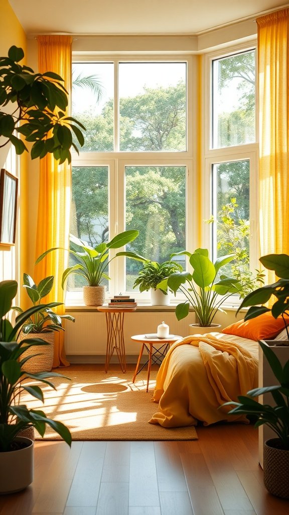 A bright bedroom featuring yellow curtains, yellow bedding, and various indoor plants. Sunlight streams in through large windows, creating a warm and inviting atmosphere.