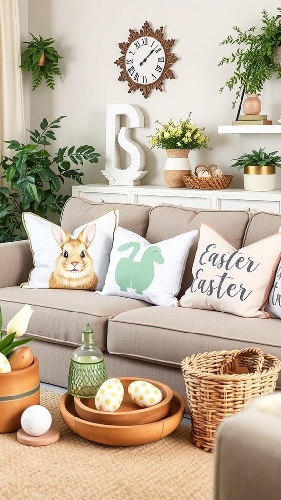 A cozy living room featuring throw pillows with Easter prints, including a bunny and Easter-themed designs.