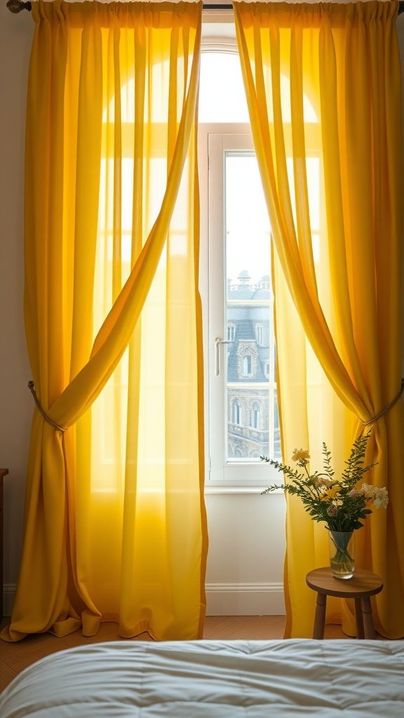 Bright yellow curtains gracefully framing a window in a bedroom, with a small vase of flowers on a table.