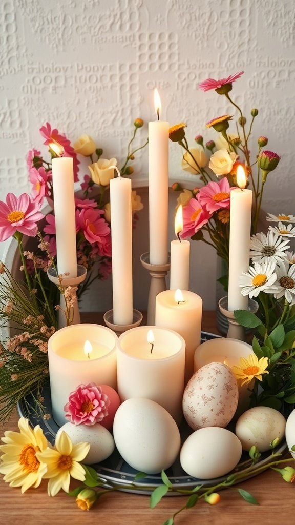An arrangement of candles surrounded by flowers and decorative eggs for Easter decor.