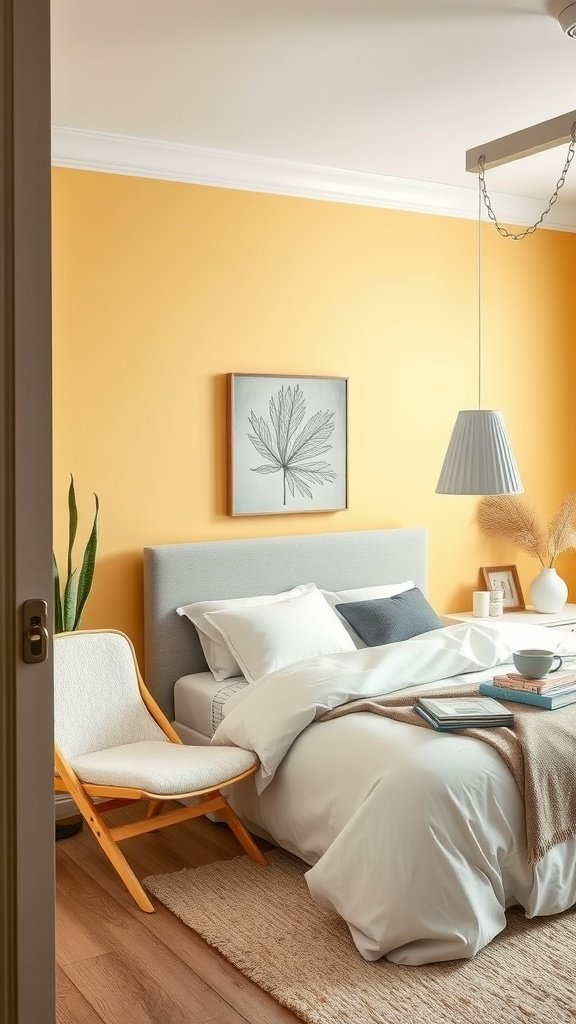 A cozy bedroom with yellow walls, gray bedding, a chair, and a plant.
