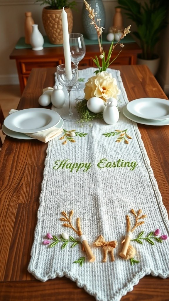 Textured table runner with floral designs and 'Happy Easting' text on a wooden table.