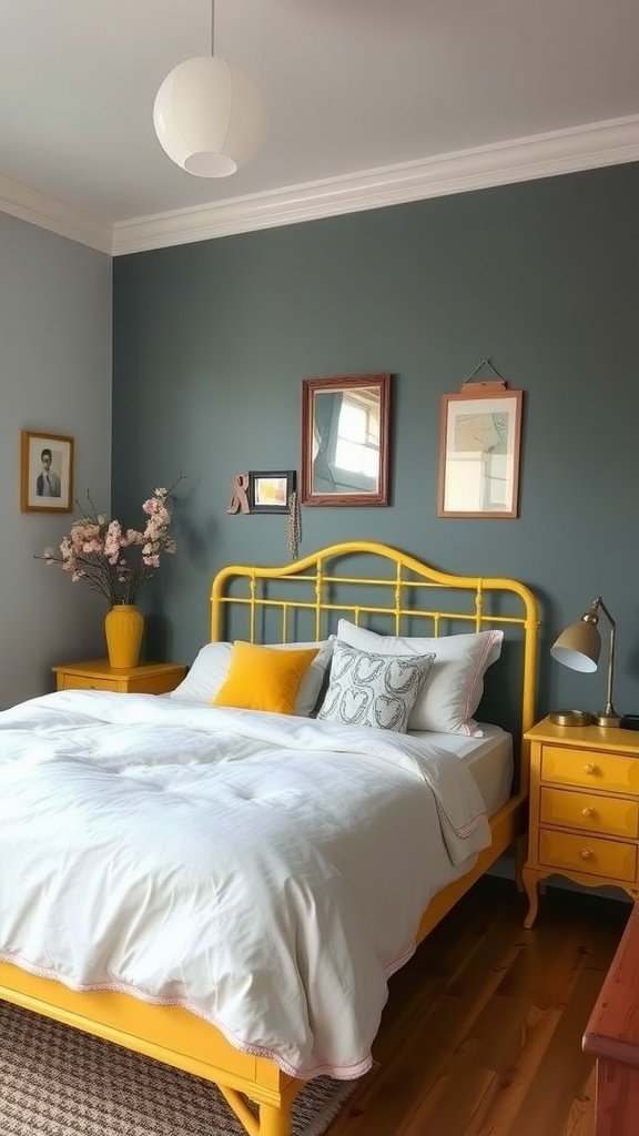 A vintage-style bedroom featuring yellow furniture, including a bed and bedside table, against a dark blue wall.