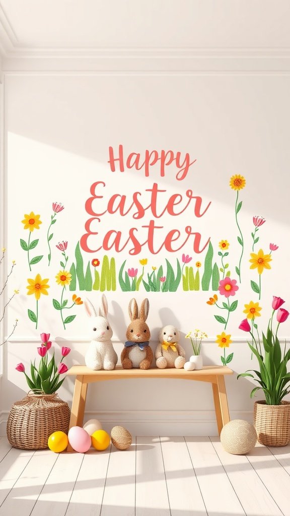 Colorful wall art featuring bunnies and flowers for Easter decor.