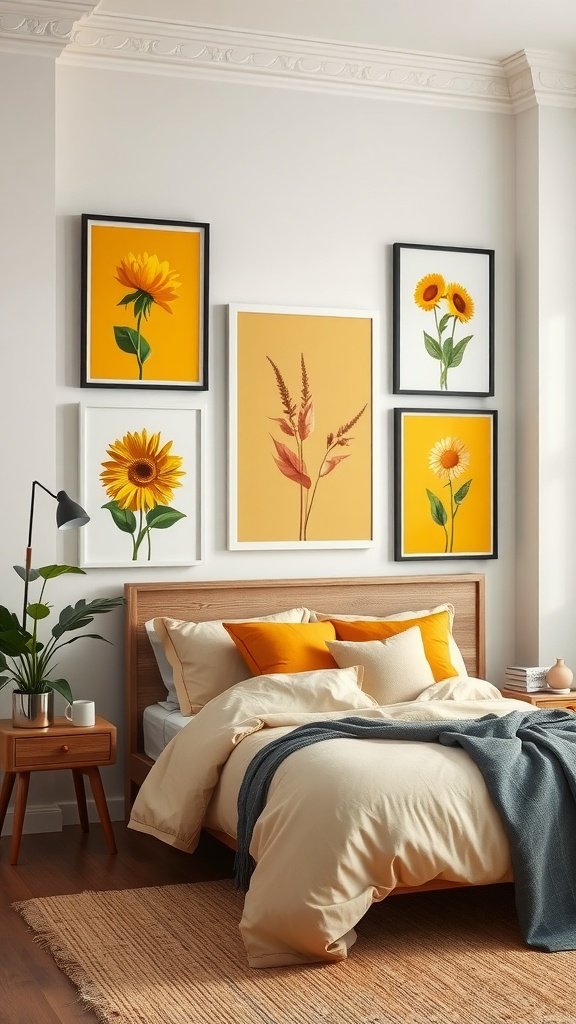 A cozy bedroom featuring yellow-themed artwork, including floral prints and a warm color palette.
