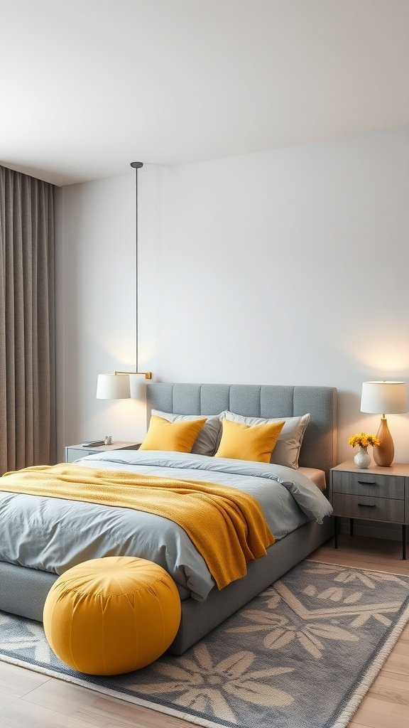 A modern bedroom featuring a grey bed with yellow accents, including pillows and a blanket.